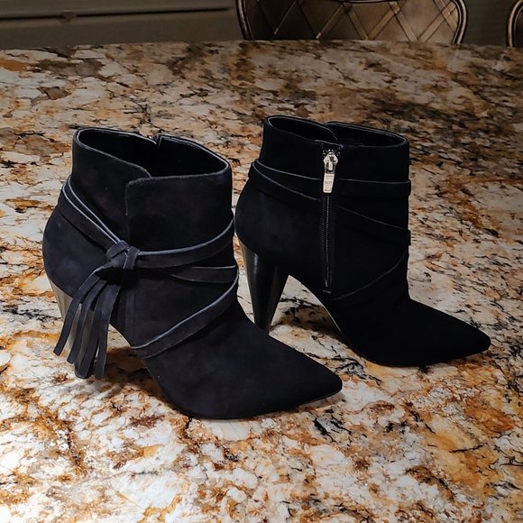 Women's Marc Fisher Frenchy black leather/ suede booties SZ 6.5M 3 3/4" heel PO - Picture 15 of 16